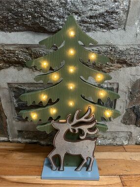 Studio Decor Green LED Wooden Tree with Reindeer Accent, missing one tiny screw